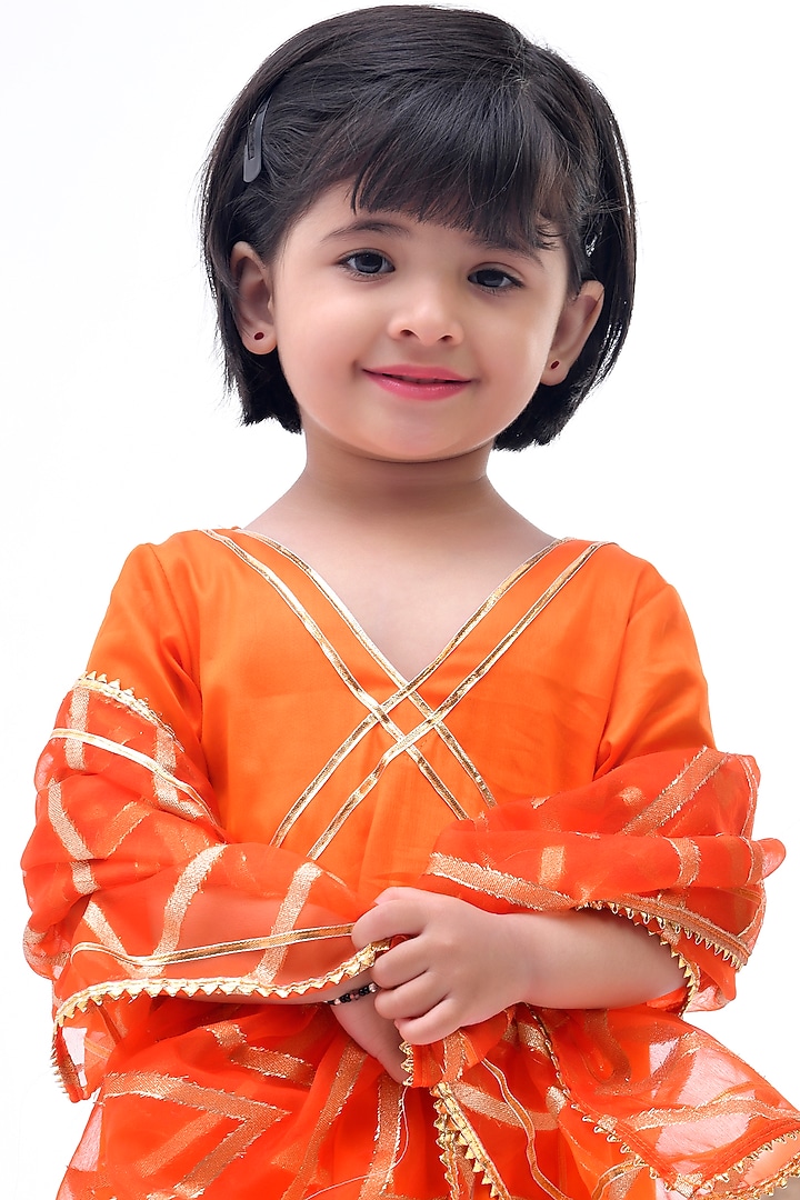 Orange Cotton Silk Gota Embellished Anarkali Set For Girls by Bannhi by Priyanka Rathore - kids at Pernia's Pop Up Shop