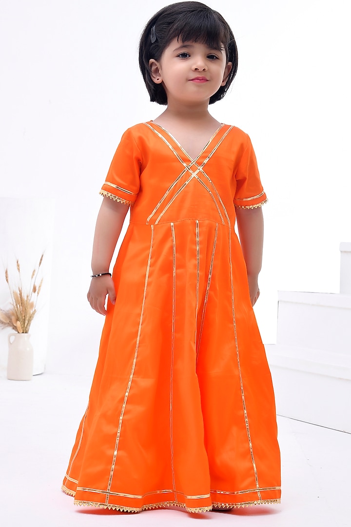 Orange Cotton Silk Gota Embellished Anarkali Set For Girls by Bannhi by Priyanka Rathore - kids at Pernia's Pop Up Shop