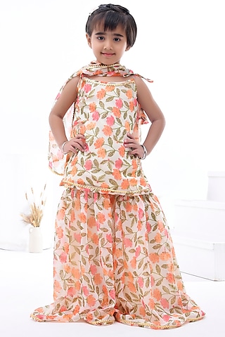 Off-White Chiffon Floral Printed Sharara Set For Girls by Bannhi by Priyanka Rathore - kids