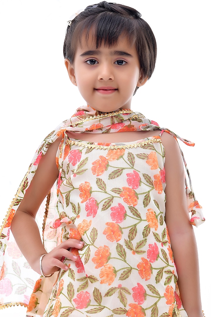 Off-White Chiffon Floral Printed Sharara Set For Girls by Bannhi by Priyanka Rathore - kids at Pernia's Pop Up Shop