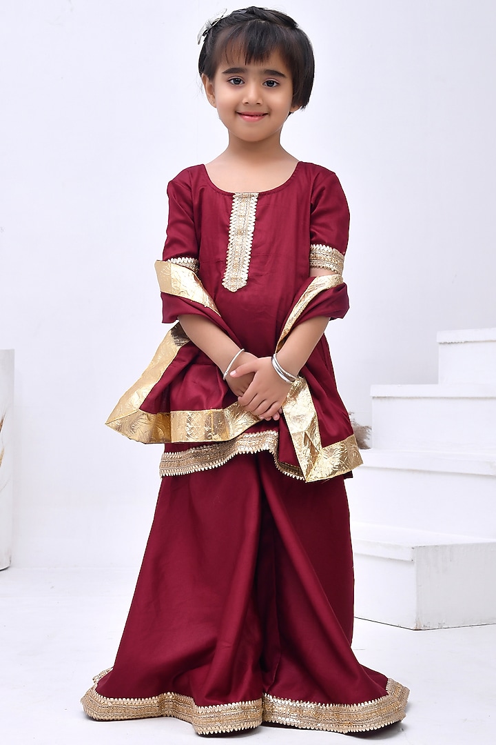 Maroon Taffeta Silk Sharara Set For Girls by Bannhi by Priyanka Rathore - kids at Pernia's Pop Up Shop