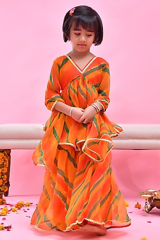 Orange Chiffon Leheriya Printed Sharara Set For Girls by Bannhi by Priyanka Rathore - kids