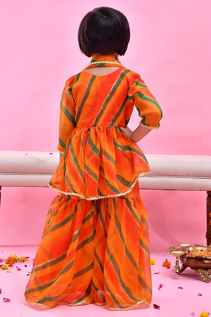 Orange Chiffon Leheriya Printed Sharara Set For Girls by Bannhi by Priyanka Rathore - kids at Pernia's Pop Up Shop