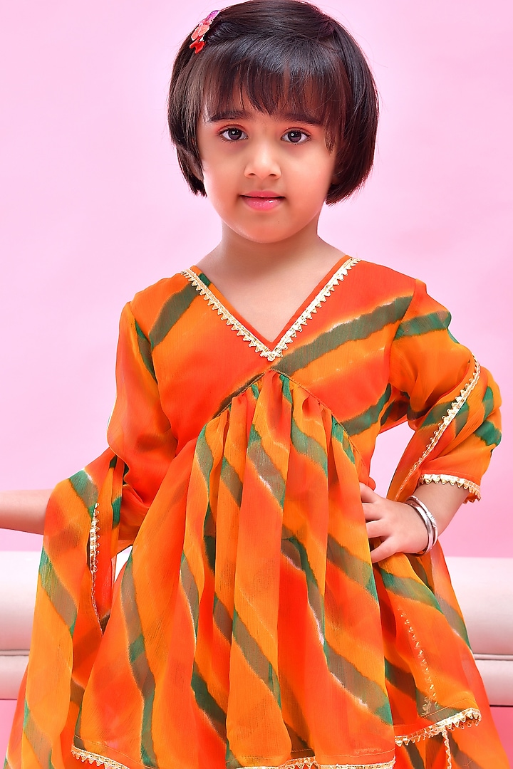 Orange Chiffon Leheriya Printed Sharara Set For Girls by Bannhi by Priyanka Rathore - kids at Pernia's Pop Up Shop