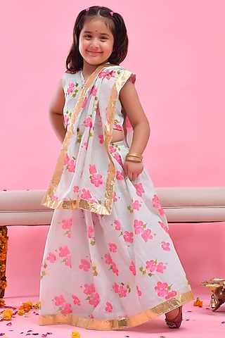 Pastel Green Chanderi Floral Printed Lehenga Set For Girls by Bannhi by Priyanka Rathore - kids