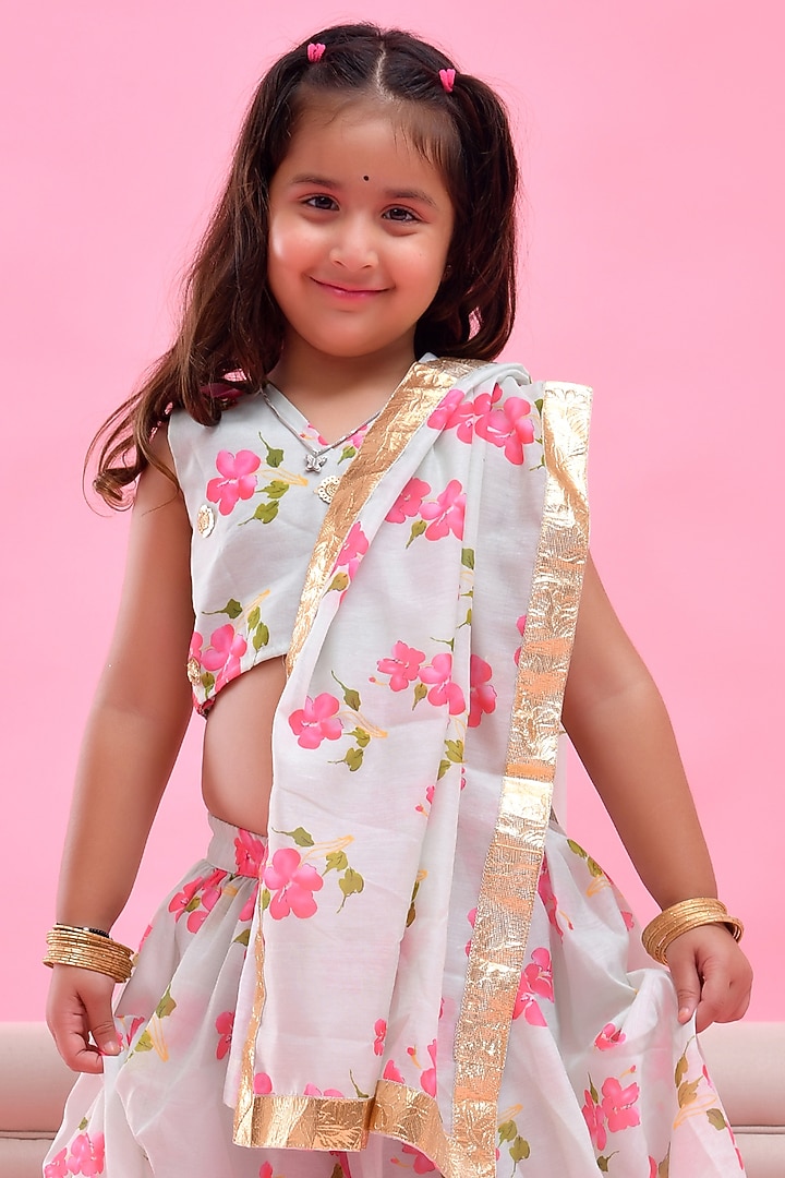 Pastel Green Chanderi Floral Printed Lehenga Set For Girls by Bannhi by Priyanka Rathore - kids at Pernia's Pop Up Shop