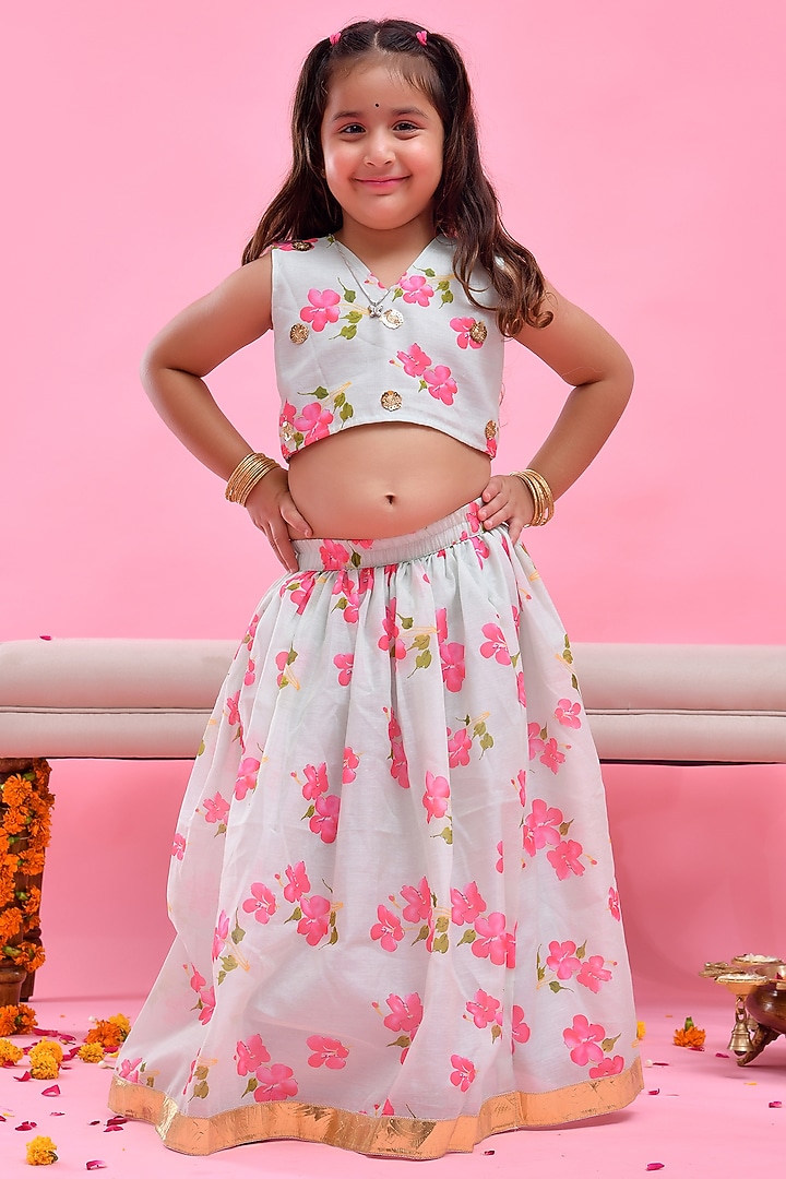 Pastel Green Chanderi Floral Printed Lehenga Set For Girls by Bannhi by Priyanka Rathore - kids at Pernia's Pop Up Shop