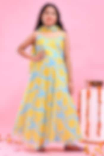 Blue & Yellow Chiffon Gota Lace Embellished Anarkali Set For Girls by Bannhi by Priyanka Rathore - kids at Pernia's Pop Up Shop