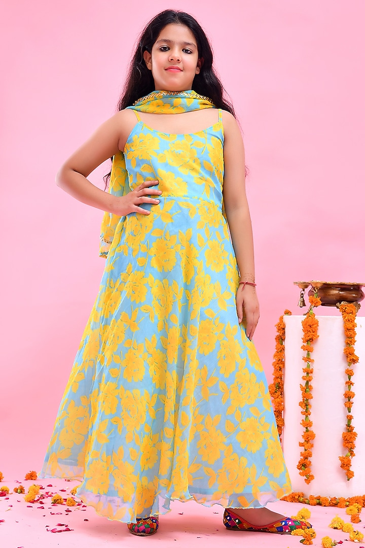 Blue & Yellow Chiffon Gota Lace Embellished Anarkali Set For Girls by Bannhi by Priyanka Rathore - kids at Pernia's Pop Up Shop