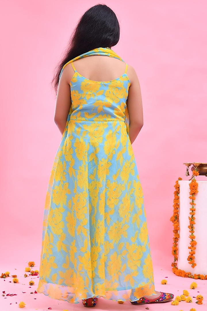 Blue & Yellow Chiffon Gota Lace Embellished Anarkali Set For Girls by Bannhi by Priyanka Rathore - kids at Pernia's Pop Up Shop