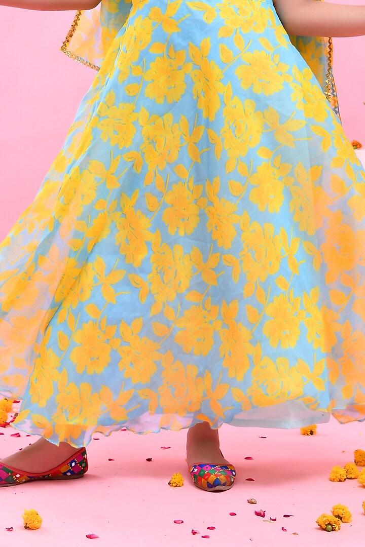 Blue & Yellow Chiffon Gota Lace Embellished Anarkali Set For Girls by Bannhi by Priyanka Rathore - kids at Pernia's Pop Up Shop