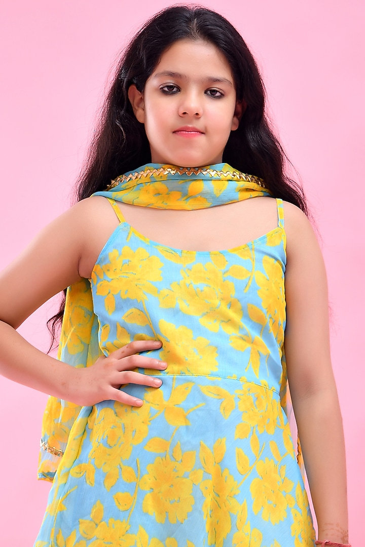 Blue & Yellow Chiffon Gota Lace Embellished Anarkali Set For Girls by Bannhi by Priyanka Rathore - kids at Pernia's Pop Up Shop