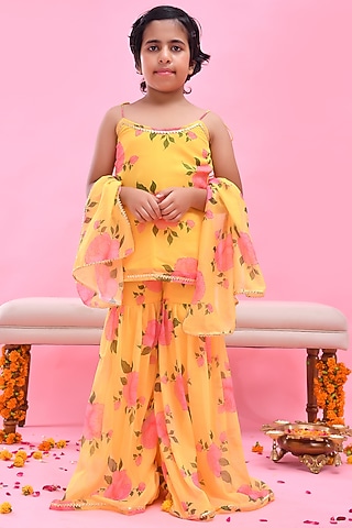 Yellow Chiffon Floral Printed Sharara Set For Girls by Bannhi by Priyanka Rathore - kids