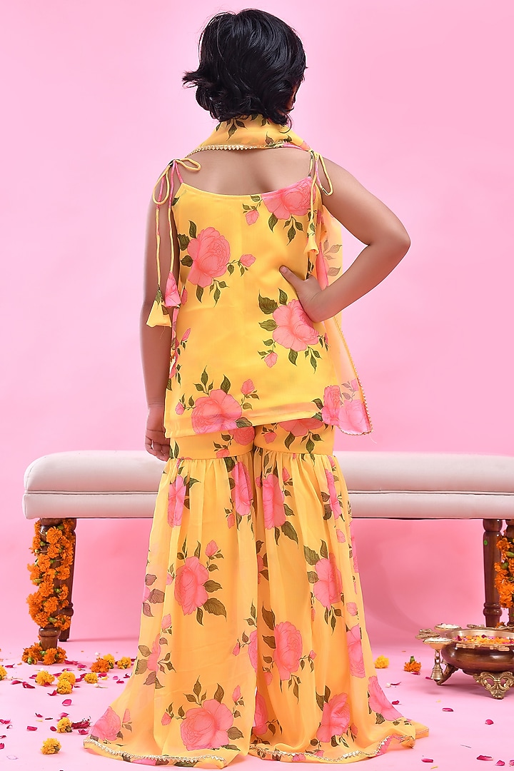 Yellow Chiffon Floral Printed Sharara Set For Girls by Bannhi by Priyanka Rathore - kids at Pernia's Pop Up Shop