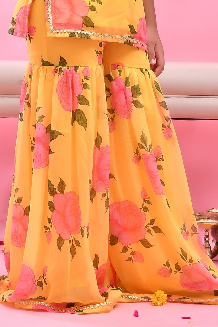 Yellow Chiffon Floral Printed Sharara Set For Girls by Bannhi by Priyanka Rathore - kids at Pernia's Pop Up Shop