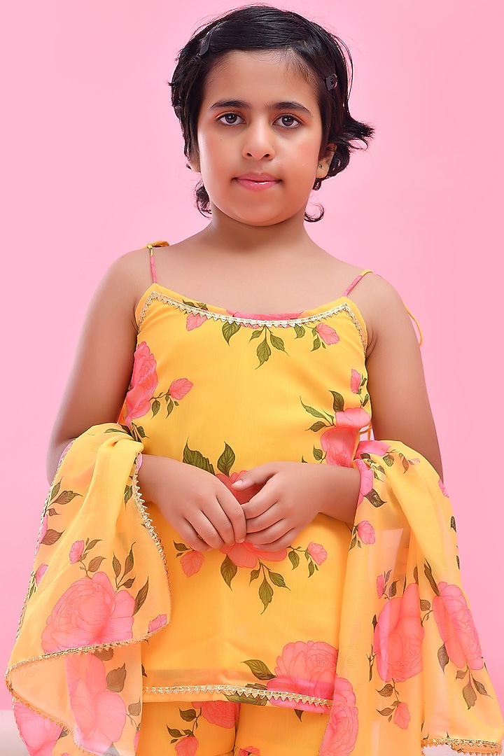 Yellow Chiffon Floral Printed Sharara Set For Girls by Bannhi by Priyanka Rathore - kids at Pernia's Pop Up Shop