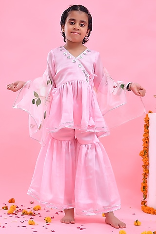 Pink Satin Georgette Sharara Set For Girls by Bannhi by Priyanka Rathore - kids