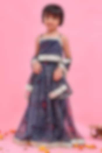 Blue Chiffon Bandhani Printed & Lace Embellished Lehenga Set For Girls by Bannhi by Priyanka Rathore - kids at Pernia's Pop Up Shop