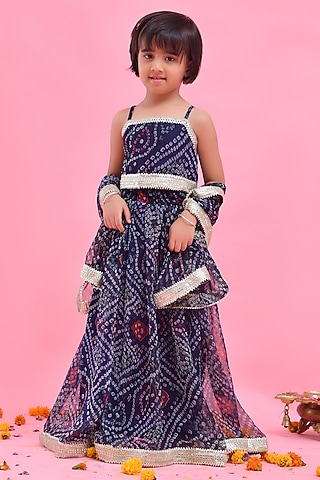 Blue Chiffon Bandhani Printed & Lace Embellished Lehenga Set For Girls by Bannhi by Priyanka Rathore - kids