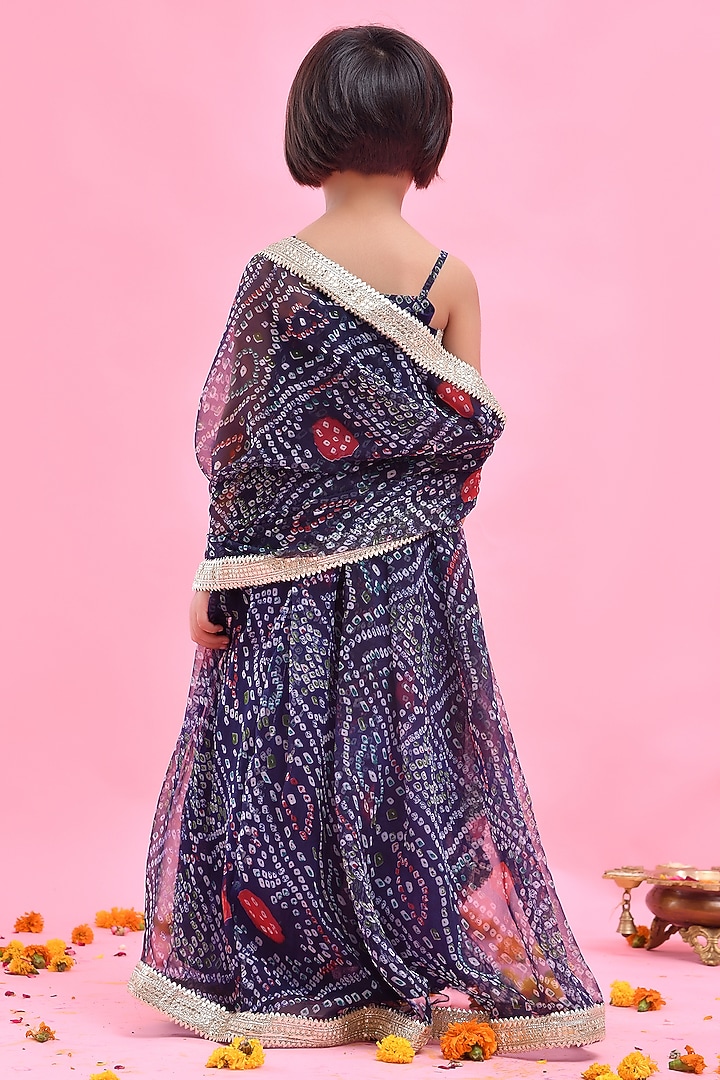 Blue Chiffon Bandhani Printed & Lace Embellished Lehenga Set For Girls by Bannhi by Priyanka Rathore - kids at Pernia's Pop Up Shop