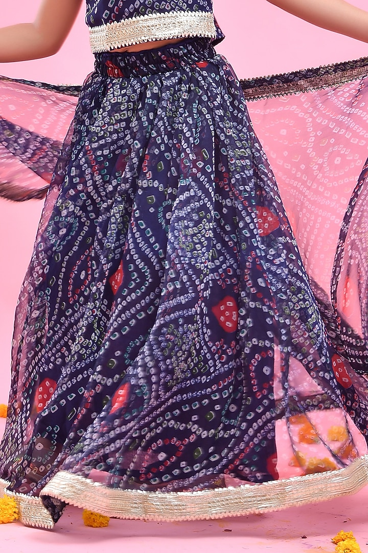 Blue Chiffon Bandhani Printed & Lace Embellished Lehenga Set For Girls by Bannhi by Priyanka Rathore - kids at Pernia's Pop Up Shop