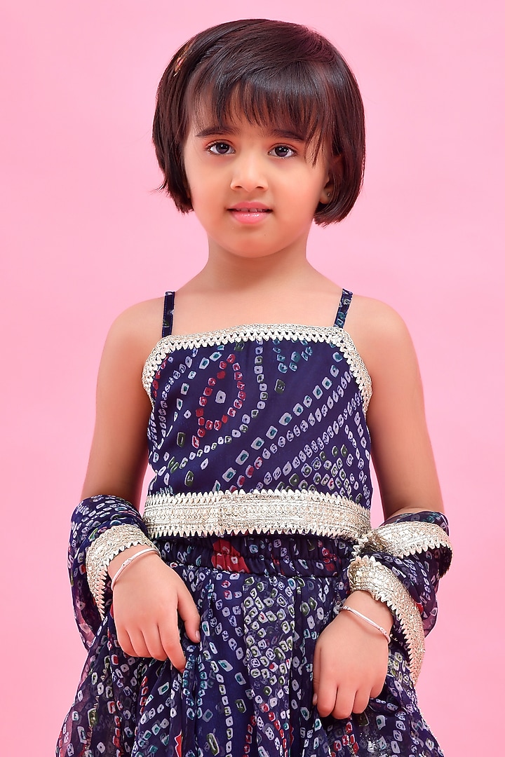 Blue Chiffon Bandhani Printed & Lace Embellished Lehenga Set For Girls by Bannhi by Priyanka Rathore - kids at Pernia's Pop Up Shop