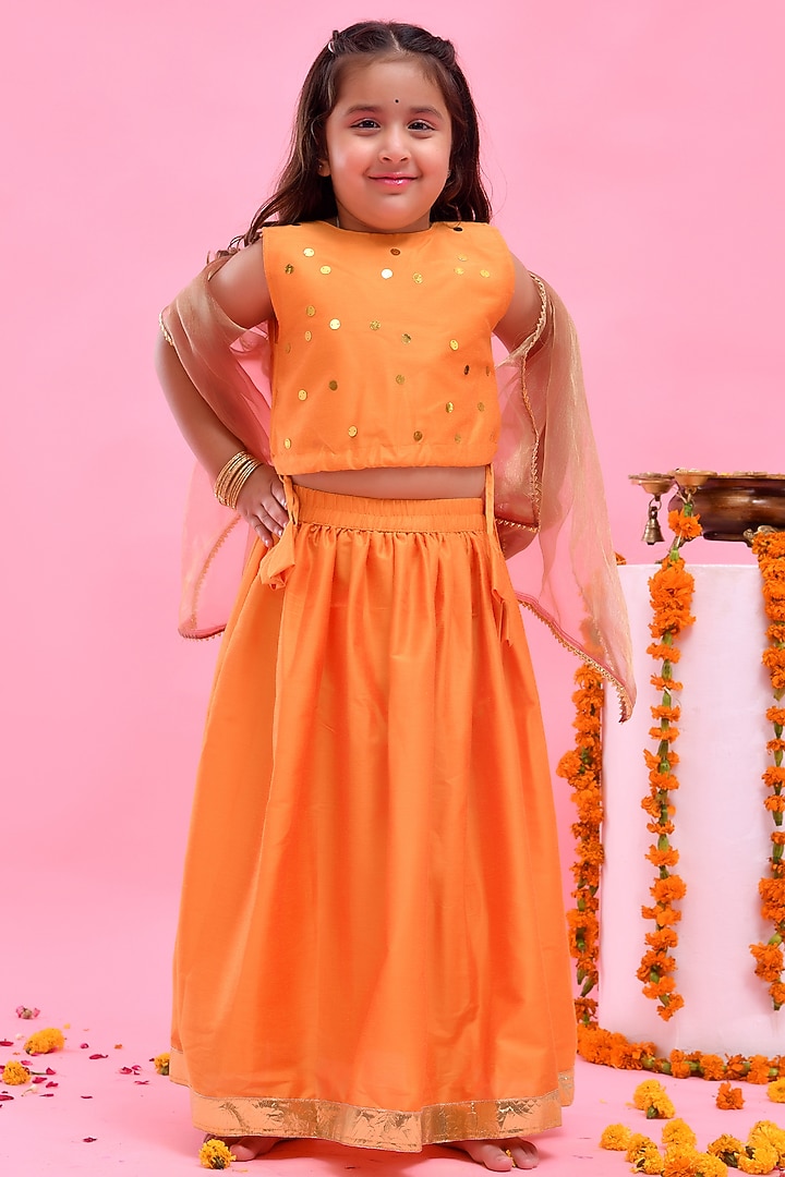 Mustard Yellow Dupion Silk Lehenga Set For Girls by Bannhi by Priyanka Rathore - kids at Pernia's Pop Up Shop