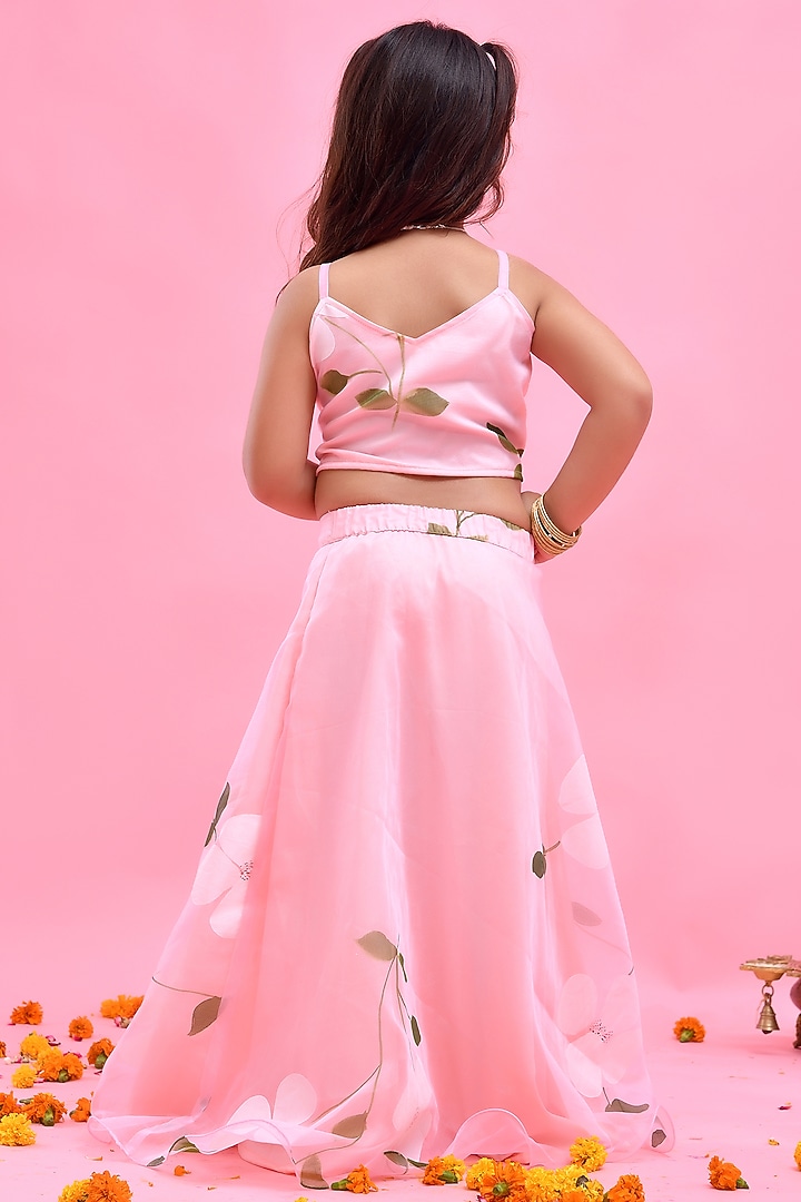 Pink Organza Floral Hand Painted Lehenga Set For Girls by Bannhi by Priyanka Rathore - kids at Pernia's Pop Up Shop