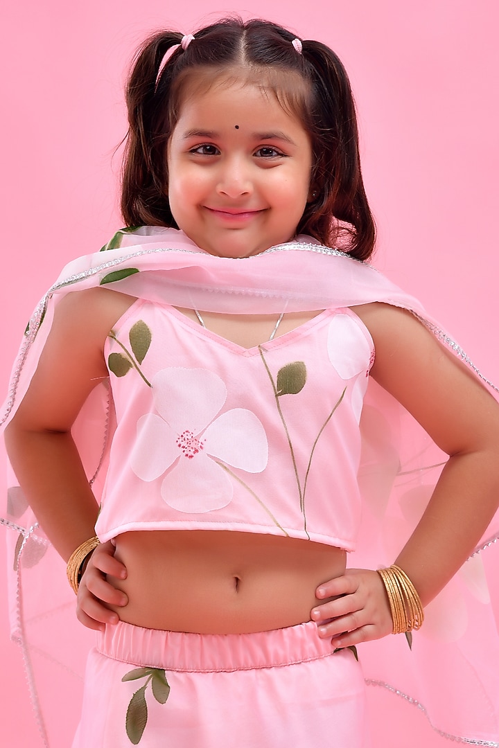 Pink Organza Floral Hand Painted Lehenga Set For Girls by Bannhi by Priyanka Rathore - kids at Pernia's Pop Up Shop