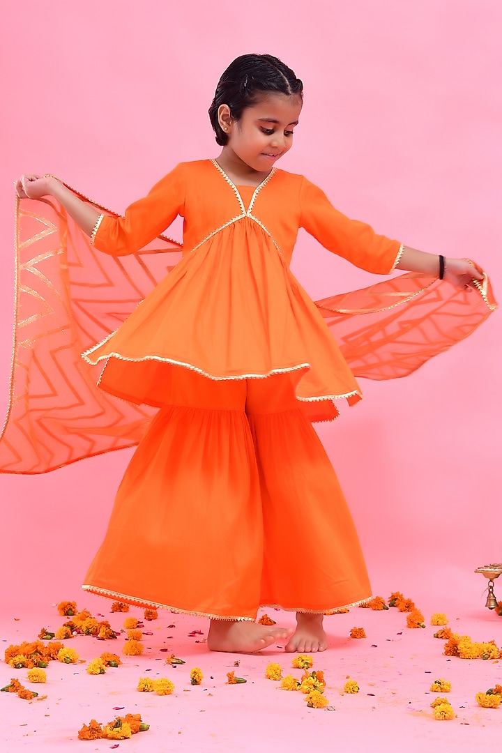 Orange Cotton Silk Sharara Set For Girls by Bannhi by Priyanka Rathore - kids at Pernia's Pop Up Shop