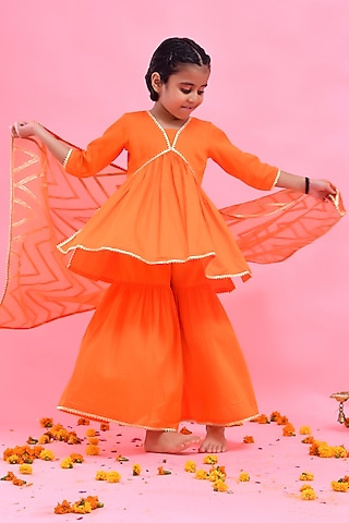 Orange Cotton Silk Sharara Set For Girls by Bannhi by Priyanka Rathore - kids