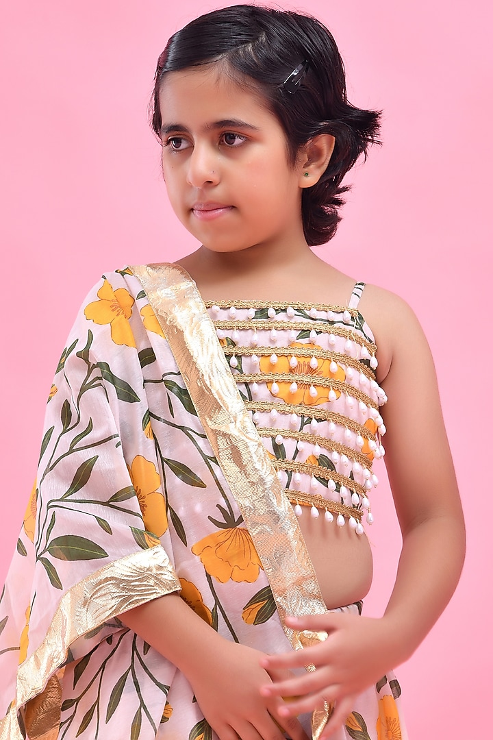 Off-White Chanderi Floral Printed Lehenga Set For Girls by Bannhi by Priyanka Rathore - kids at Pernia's Pop Up Shop
