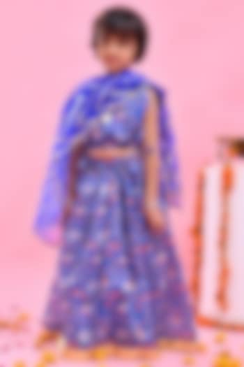 Blue Chanderi Printed Lehenga Set For Girls by Bannhi by Priyanka Rathore - kids at Pernia's Pop Up Shop