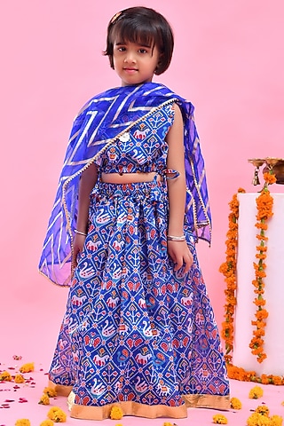 Blue Chanderi Printed Lehenga Set For Girls by Bannhi by Priyanka Rathore - kids