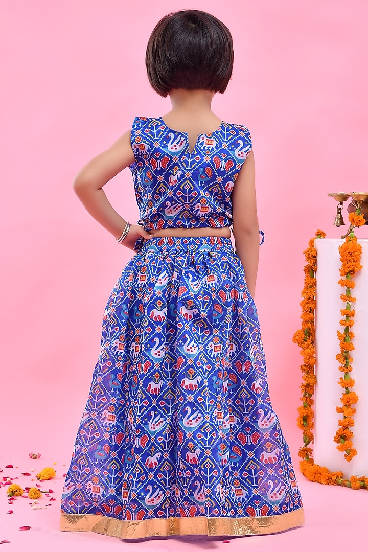 Blue Chanderi Printed Lehenga Set For Girls by Bannhi by Priyanka Rathore - kids at Pernia's Pop Up Shop