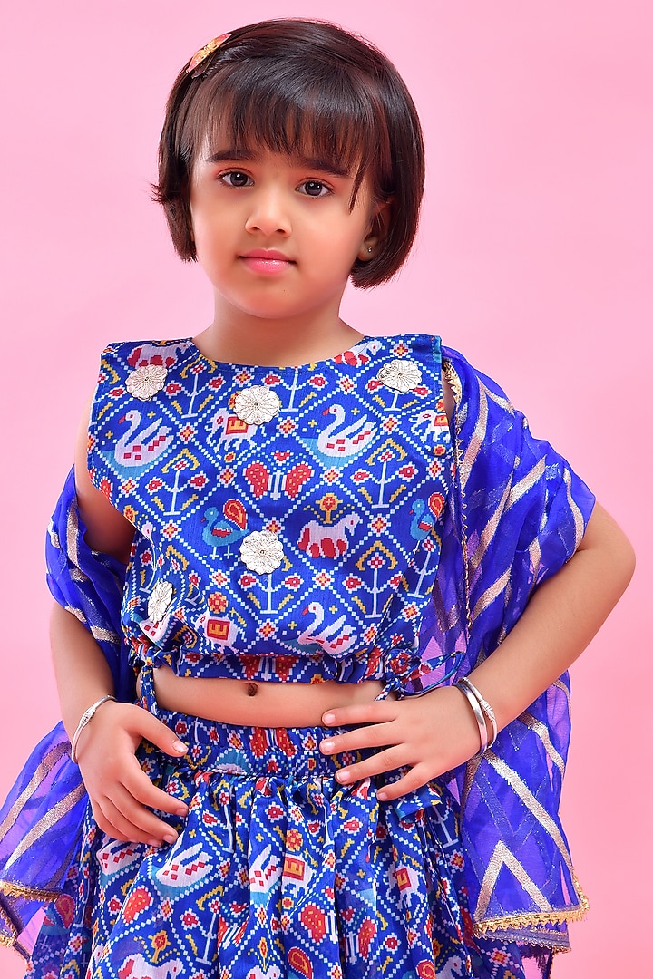 Blue Chanderi Printed Lehenga Set For Girls by Bannhi by Priyanka Rathore - kids at Pernia's Pop Up Shop