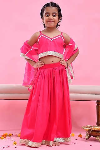 Rani Pink Cotton Silk Gota Embellished Lehenga Set For Girls by Bannhi by Priyanka Rathore - kids