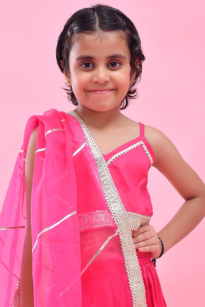 Rani Pink Cotton Silk Gota Embellished Lehenga Set For Girls by Bannhi by Priyanka Rathore - kids at Pernia's Pop Up Shop