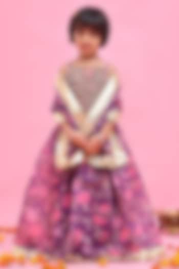 Purple Chanderi Floral Printed Lehenga Set For Girls by Bannhi by Priyanka Rathore - kids at Pernia's Pop Up Shop