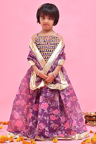 Purple Chanderi Floral Printed Lehenga Set For Girls by Bannhi by Priyanka Rathore - kids