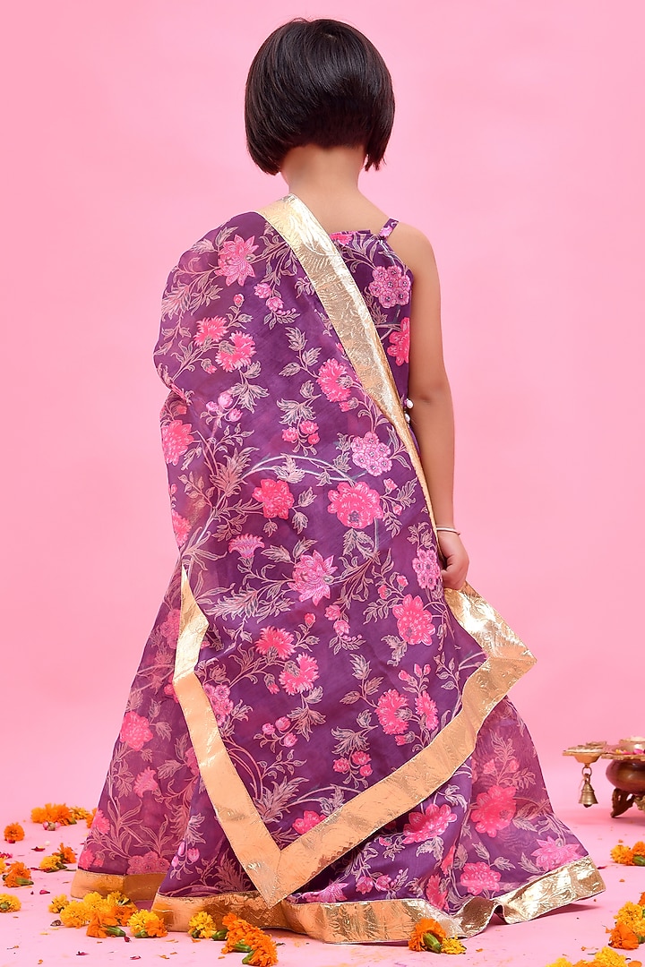 Purple Chanderi Floral Printed Lehenga Set For Girls by Bannhi by Priyanka Rathore - kids at Pernia's Pop Up Shop