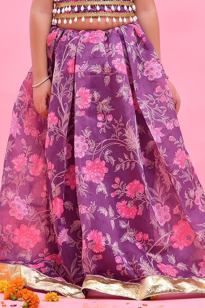 Purple Chanderi Floral Printed Lehenga Set For Girls by Bannhi by Priyanka Rathore - kids at Pernia's Pop Up Shop