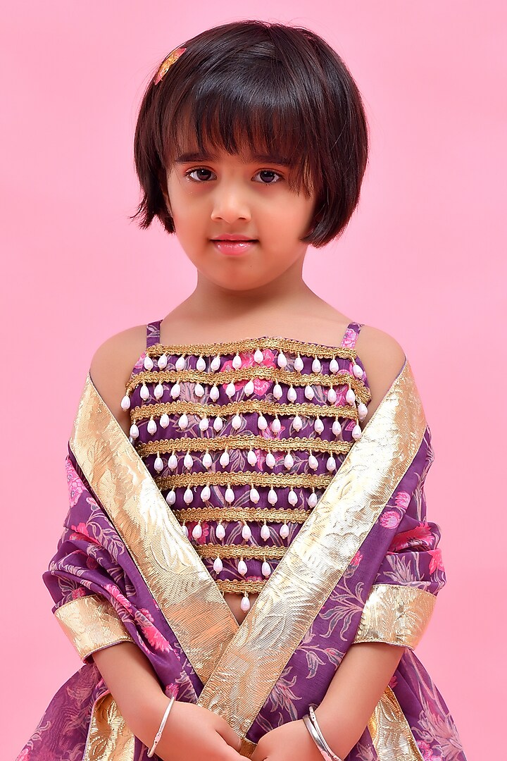 Purple Chanderi Floral Printed Lehenga Set For Girls by Bannhi by Priyanka Rathore - kids at Pernia's Pop Up Shop