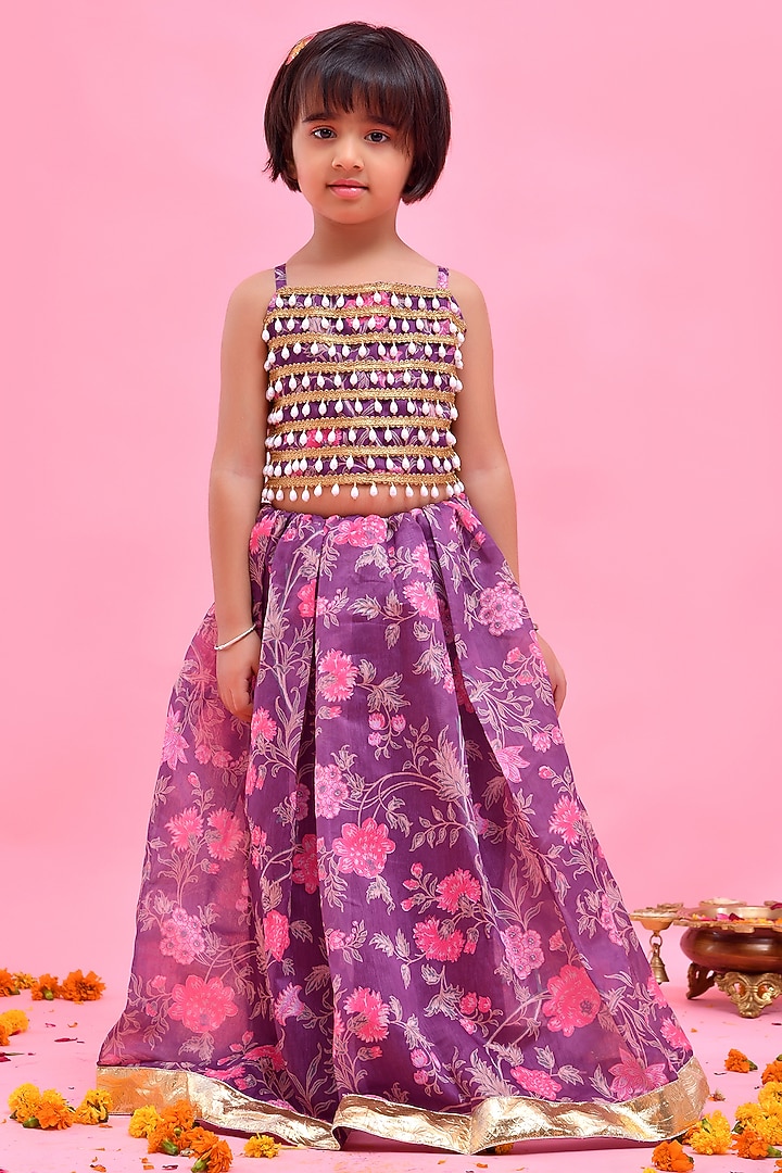 Purple Chanderi Floral Printed Lehenga Set For Girls by Bannhi by Priyanka Rathore - kids at Pernia's Pop Up Shop