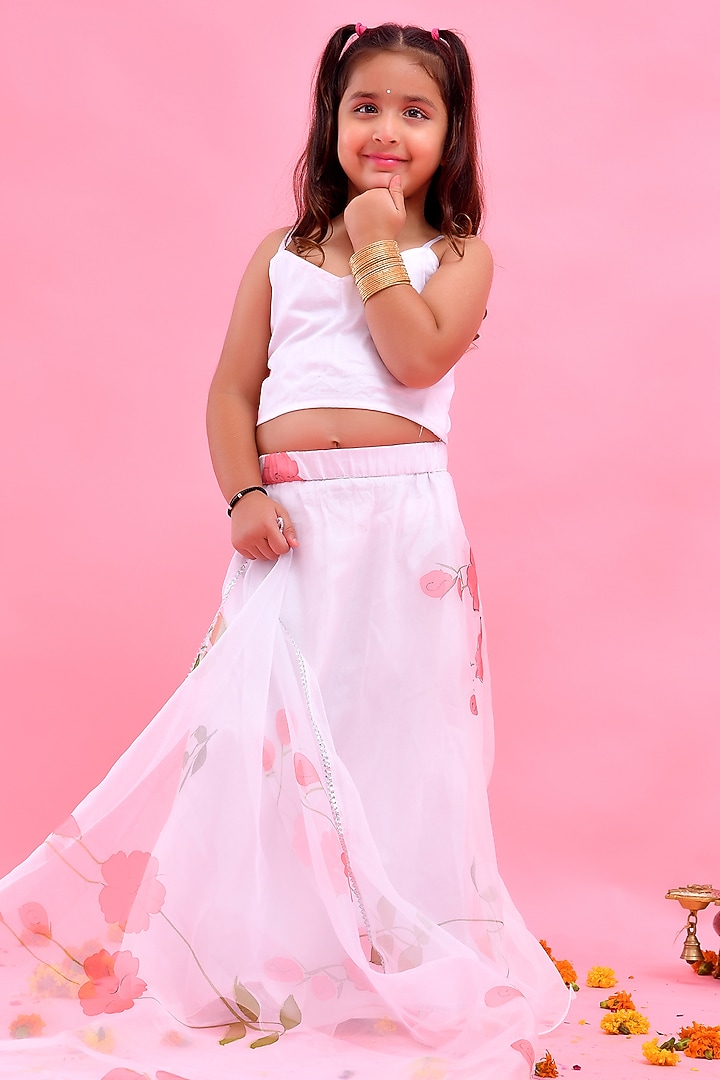 White Organza Floral Hand Painted Lehenga Set For Girls by Bannhi by Priyanka Rathore - kids at Pernia's Pop Up Shop
