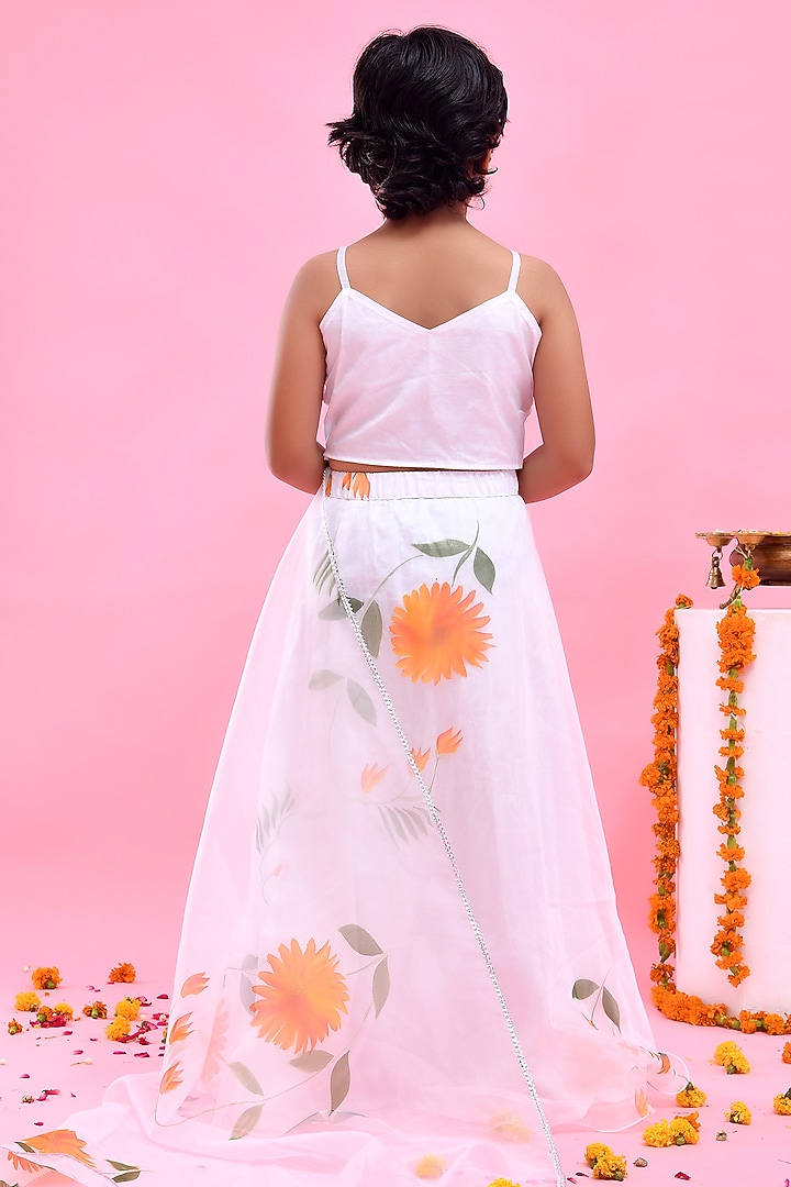 White Organza Floral Hand Painted Lehenga Set For Girls by Bannhi by Priyanka Rathore - kids at Pernia's Pop Up Shop