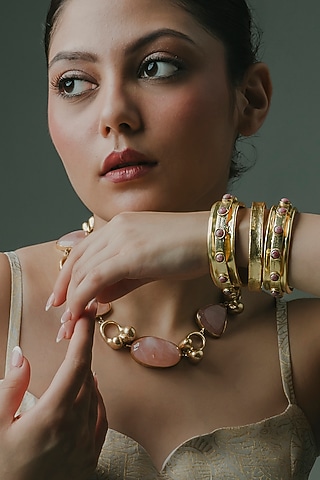 Gold Finish Pink Rhodonite Stone Adjustable Kada (Set Of 3) by Baala Jewels