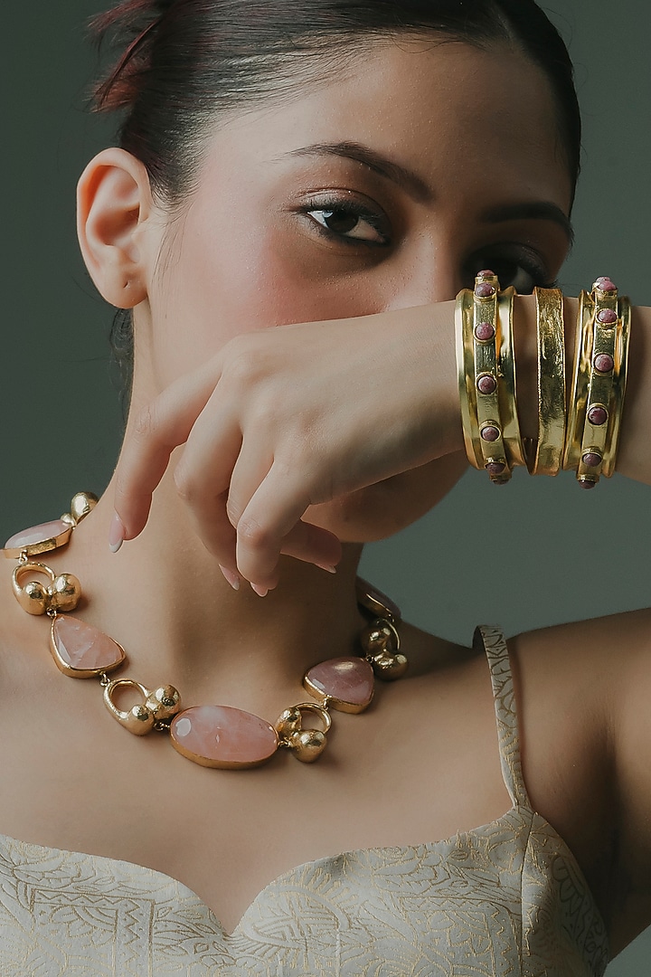 Gold Finish Pink Rhodonite Stone Adjustable Kada (Set Of 3) by Baala Jewels at Pernia's Pop Up Shop