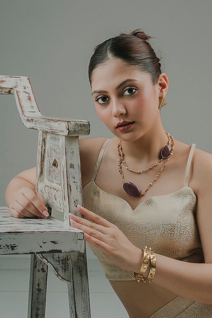 Gold Finish Pink Rhodonite Stone Layered Mala by Baala Jewels at Pernia's Pop Up Shop