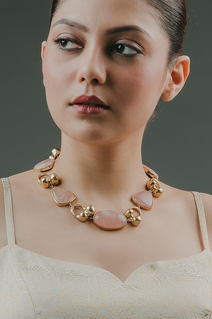 Gold Finish Rose Quartz Pink Stone Statement Necklace by Baala Jewels at Pernia's Pop Up Shop